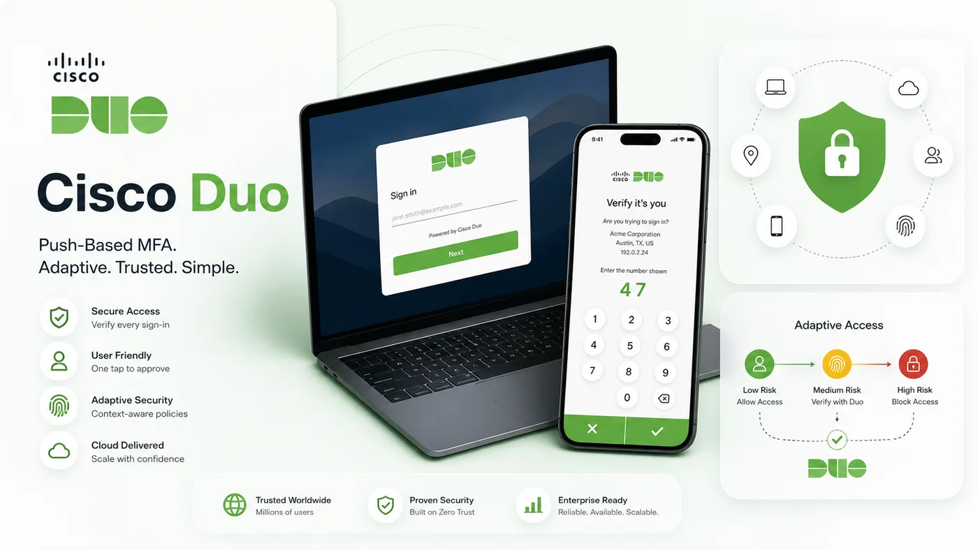 Cisco Duo push-based MFA: sign-in flow on laptop, number-matching prompt on mobile, and adaptive risk-based access tiers.