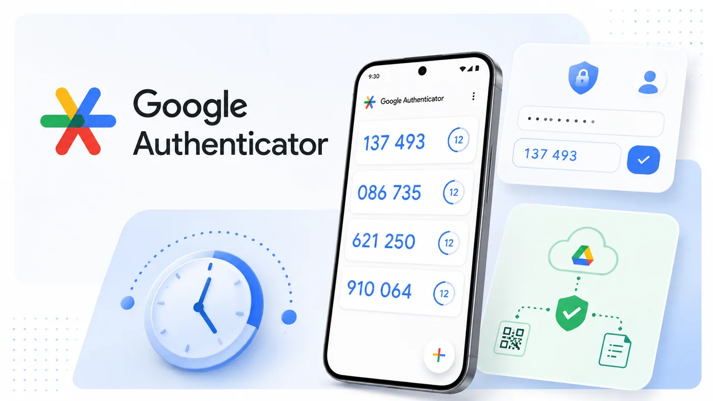 Google Authenticator: a free TOTP generator showing rotating 6-digit codes on a mobile screen.