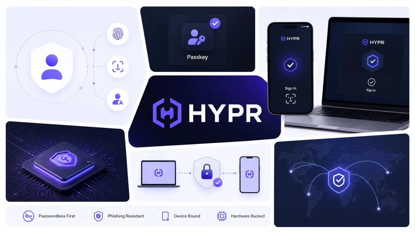 HYPR passwordless-first MFA: passkey enrollment, phishing-resistant authentication, hardware-bound credentials.