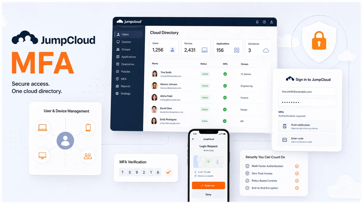 JumpCloud MFA bundled with the JumpCloud cloud directory: user and device management with secure access controls.