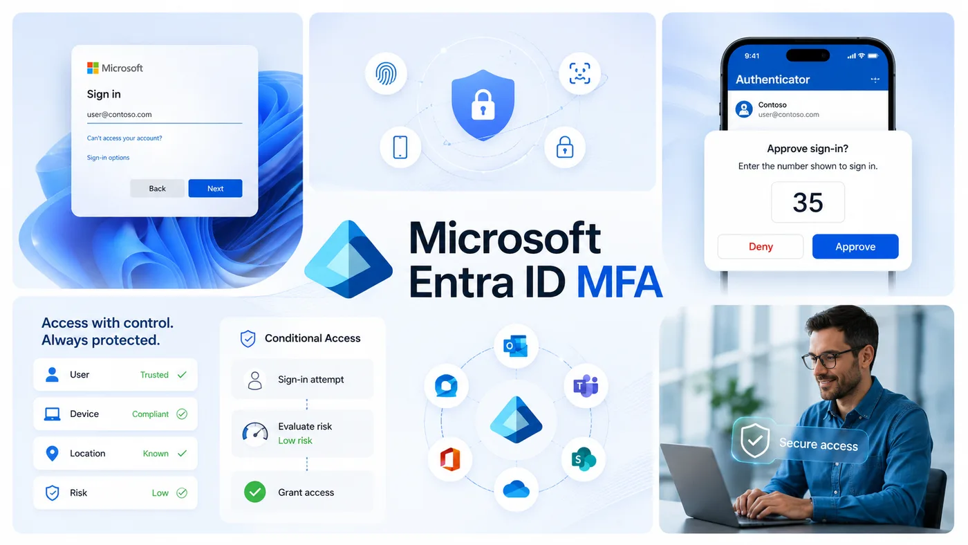 Microsoft Entra ID MFA: Windows sign-in, Authenticator number-matching, Conditional Access policy controls.