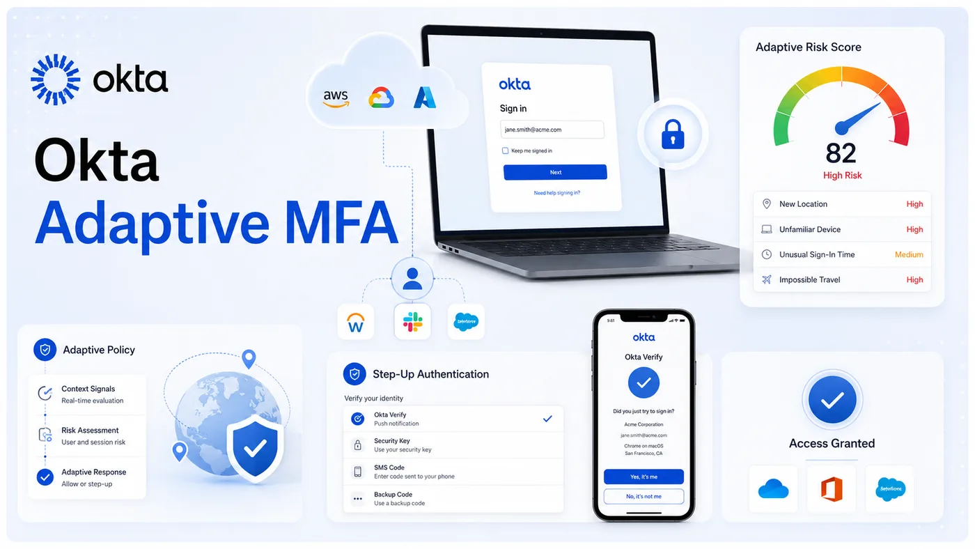 Okta Adaptive MFA: sign-in flow with ThreatInsight risk scoring, Okta Verify push, and step-up authentication.