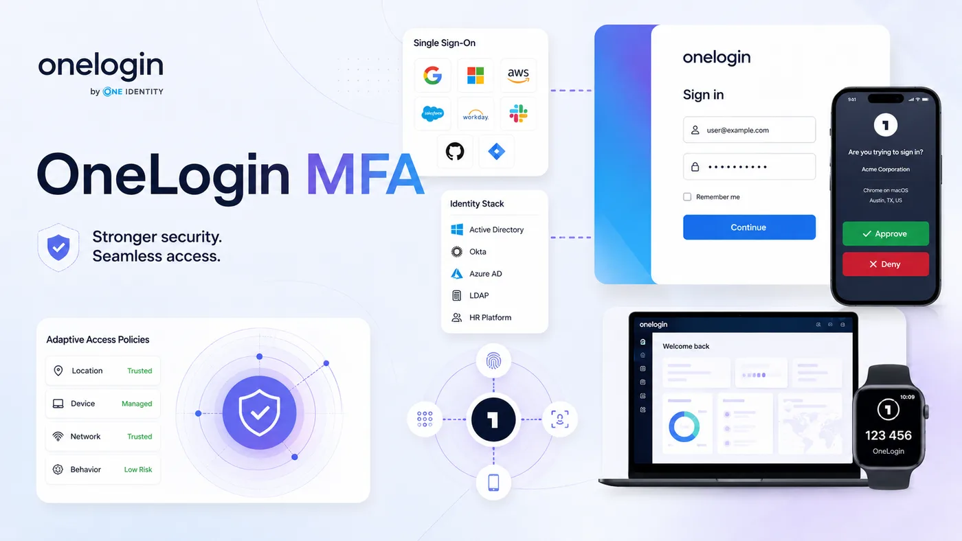 OneLogin MFA: single sign-on, adaptive access policies, mobile push approval, and identity-stack integrations.