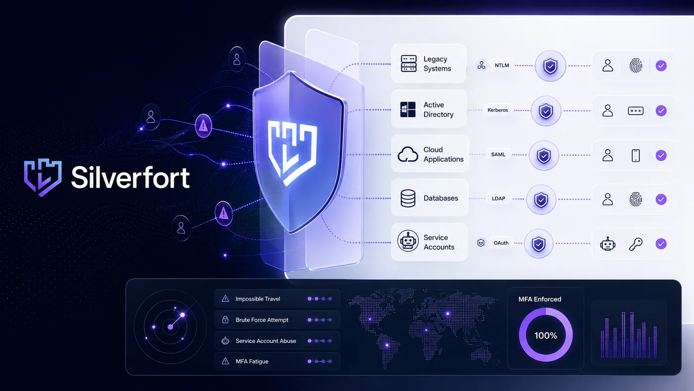 Silverfort: MFA enforcement layered across legacy systems, Active Directory, cloud apps, databases, and service accounts.