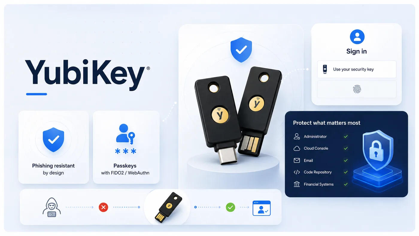 YubiKey hardware security keys: FIDO2/WebAuthn, passkey support, and phishing-resistant authentication for high-privilege accounts.